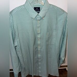 Stafford New Men's Green & White/Navy Striped Oxford Shirt Wrinkle-Free 17.5
